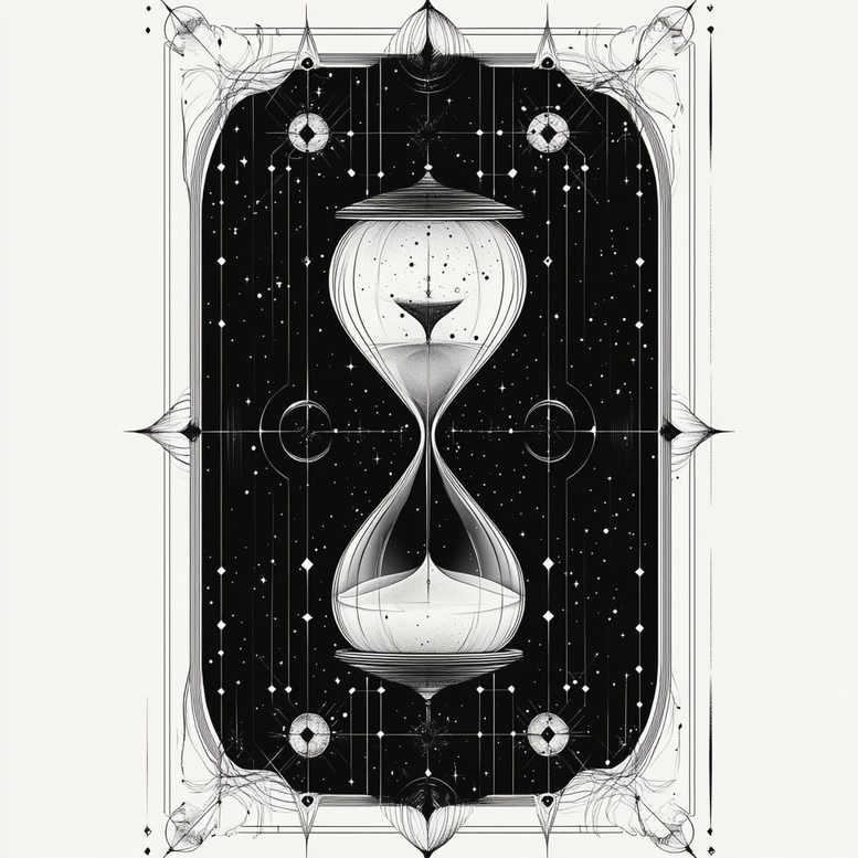 Hourglass centered in a black and grey frame with a starry backdrop; AI-generated tattoo project; suitable for cover-up.