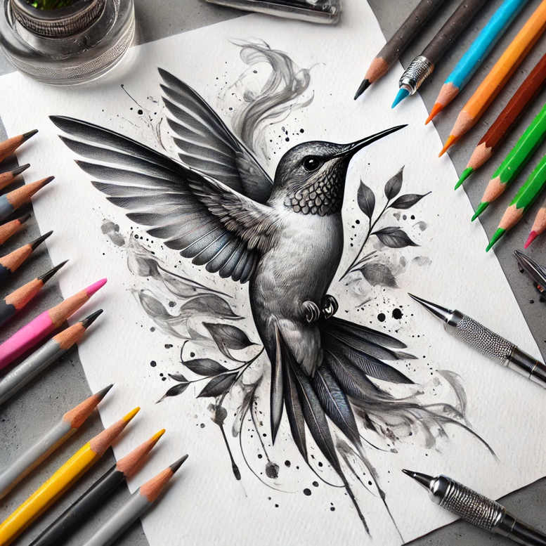 Hummingbird, branch, leaf, pencil, ink bottle, and paper in black and grey watercolor sketch; project idea, not for cover-up.