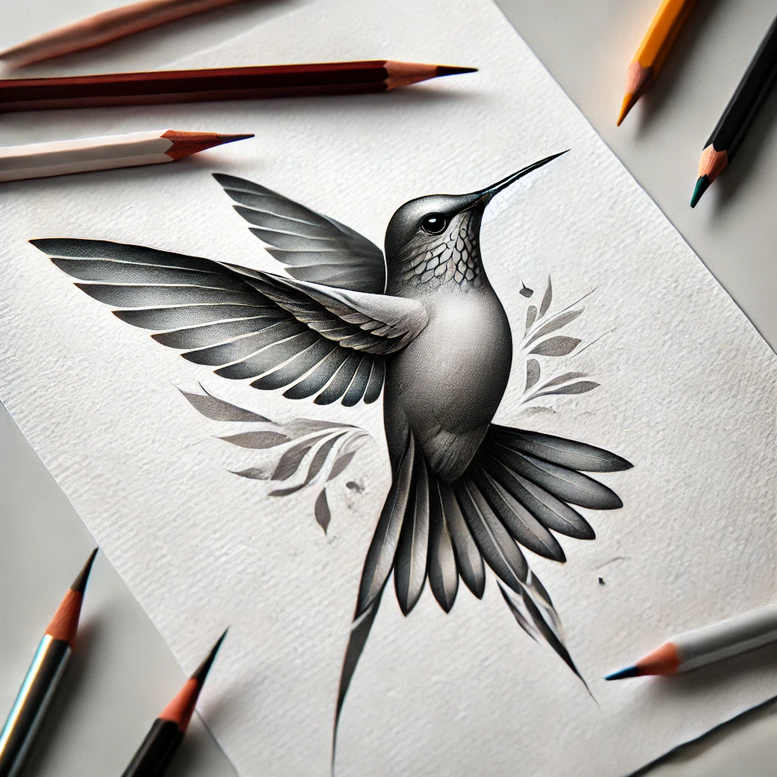 Hummingbird, branch, and leaves in grayscale; black and grey tattoo project, AI-generated concept, suitable for a cover-up.