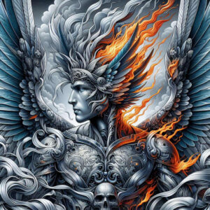 Face of winged warrior in ornate armor with blue-grey tones and orange flames, helmet plume visible; skull at base; black and grey with selective color; tattoo project idea; suitable for cover-up.