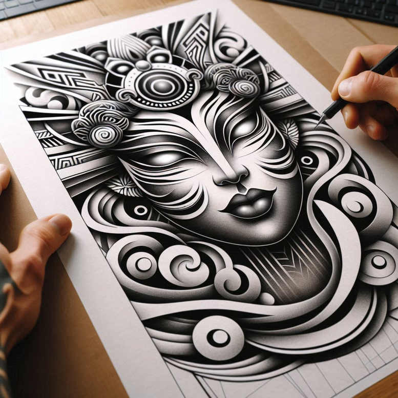 Goddess face in black and grey with ornate headdress, inked on paper; concept sketch; ideal for cover-up.