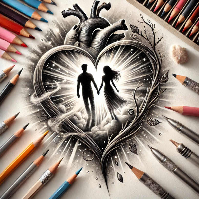 Black and grey heart formed by twisting branches framing a silhouetted couple, with clouds beneath; pencil-sketch vibe; AI-generated tattoo project; cover-up suitable.