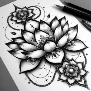 Black and grey: central lotus with layered petals, two smaller lotuses, chain motifs, and dotted circles; AI-generated tattoo project; not ideal for cover-up.