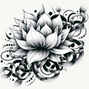 Lotus flower in black and grey with intertwining chain motifs and dotted accents; AI-generated tattoo project; suitable for a cover-up.