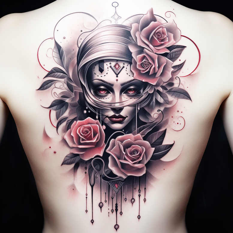 Face of a woman in black and grey shading with pink roses, leaves, and dangling ornament lines; a tattoo project, suitable for cover-up.