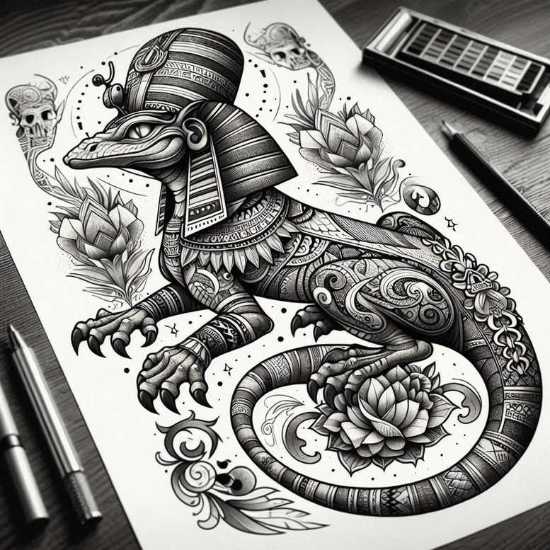 Dragon tattoo design in black and grey ink with lotus flowers and skull accents; tattoo project idea, suitable for a cover-up.