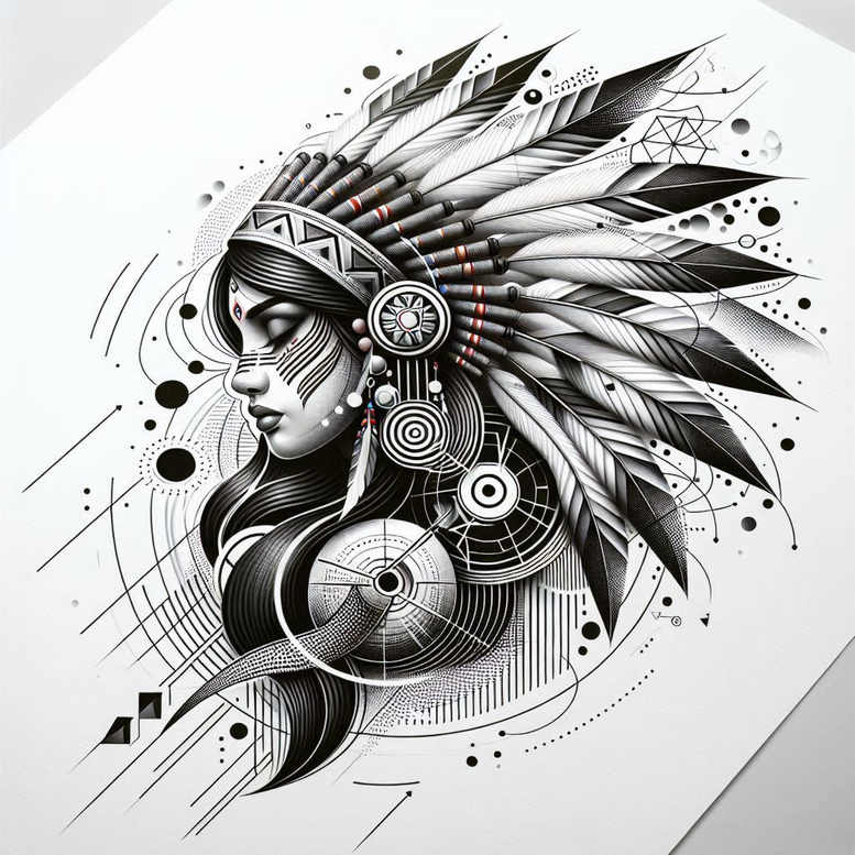 Profile of a woman with a black and grey feathered Native headdress, geometric circles and lines; a tattoo design project, cover-up suitable.