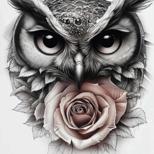 Owl, rose, and leaves in black and grey tones; tattoo design concept with pattern details, project-ready, suitable for a cover-up.