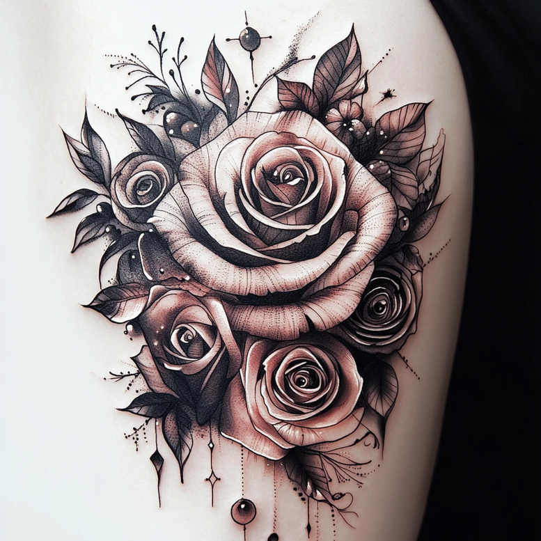 Black and grey rose tattoo design project with leaves and bead accents, suitable for a cover-up.