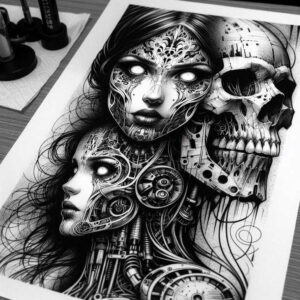 Black and grey tattoo design featuring a female portrait, a skull, gears, and cables; a detailed machine-inspired composition, project concept, suitable for cover-up.