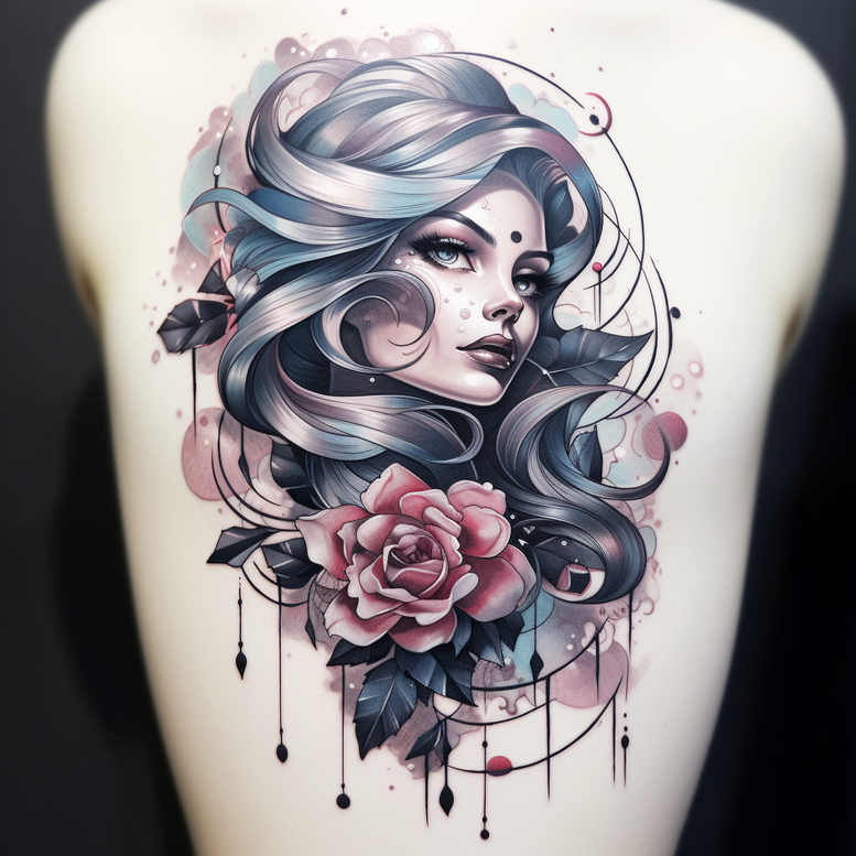 Female portrait with flowing blue-gray hair, pink rose, dark leaves, and circular line patterns in a full-color tattoo concept; cover-up suitable.