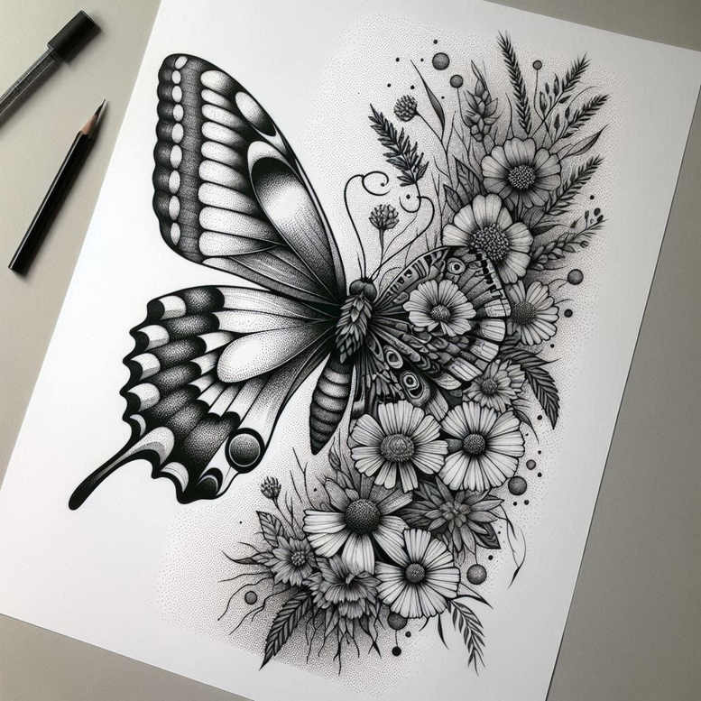 Butterfly, flowers, and leaves in black and grey; tattoo design project idea; suitable for cover-up: no.