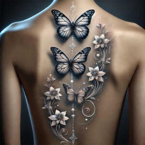 Back view with three black and grey butterflies, white flowers, and decorative vines; a black and grey tattoo design project, suitable for a cover-up.