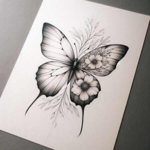 Black and grey butterfly tattoo design with floral accents and delicate linework; AI-generated tattoo project, suitable for placement ideas and not specifically a cover-up.