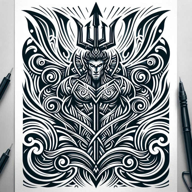 Black and grey tattoo design concept featuring trident, crown, torso, armor, pattern, and swirl; project concept, cover-up ready.