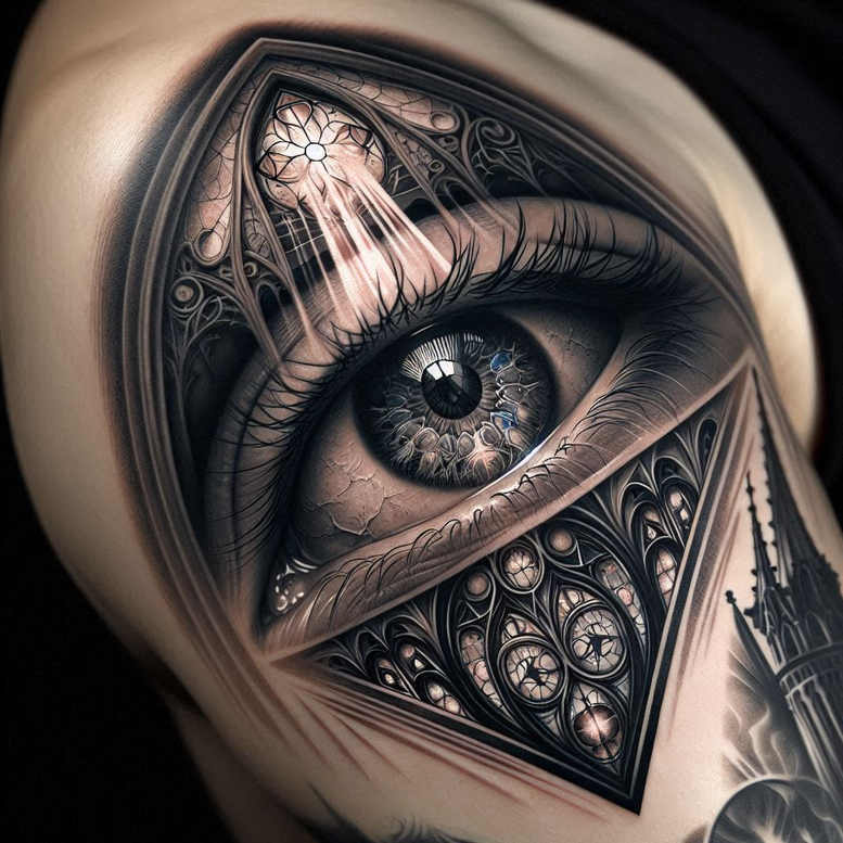 Eye, triangle frame, cathedral spires, and ornate filigree in black and grey; tattoo project, cover-up-ready.