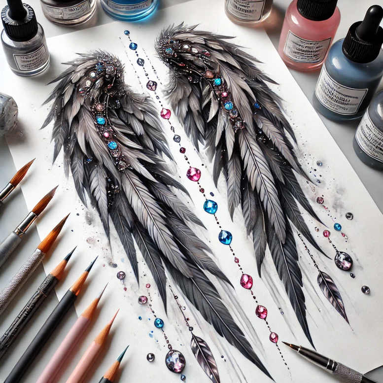 Feather tattoo design on white paper; black and grey feathers with blue and pink gems on chains; ink bottle, brushes, and pencils visible; project concept; not for cover-up.