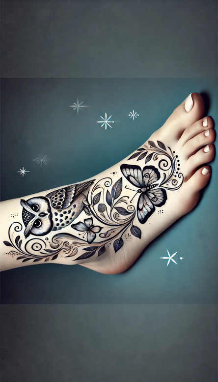 Butterfly, flower, leaf, and vine elements in black and grey on the foot; finished tattoo project; not designed as a cover-up.