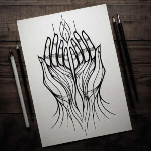 Black line drawing of intertwined hands on white paper with a leaf motif; pencil sketch, tattoo design concept, black and grey, not specifically for cover-up.