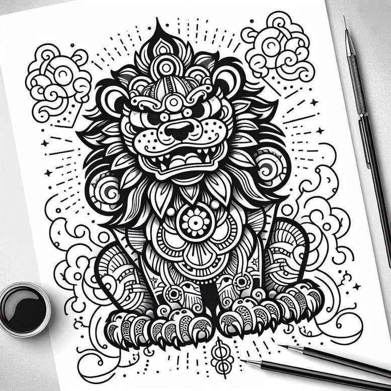 Black and grey line art of an ornate guardian lion seated amid curling clouds, with mandala-inspired patterns on the body; AI-generated tattoo project idea; suitable for cover-up.