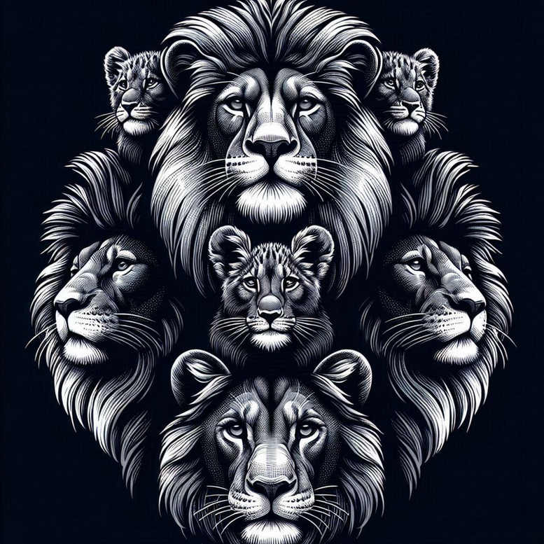 Black and grey illustration of lion, tiger, and cub forming a circular composition; tattoo project idea, suitable for cover-up.