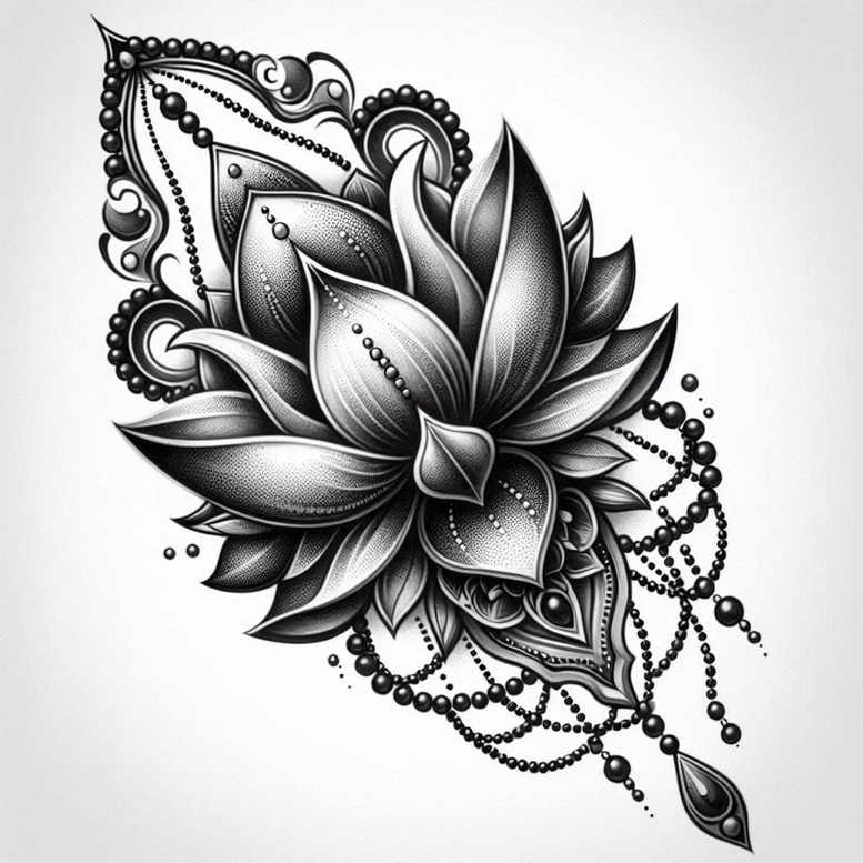 Black and grey tattoo design of a detailed lotus flower with dotted bead chains and a hanging pendant; suitable for a cover-up.
