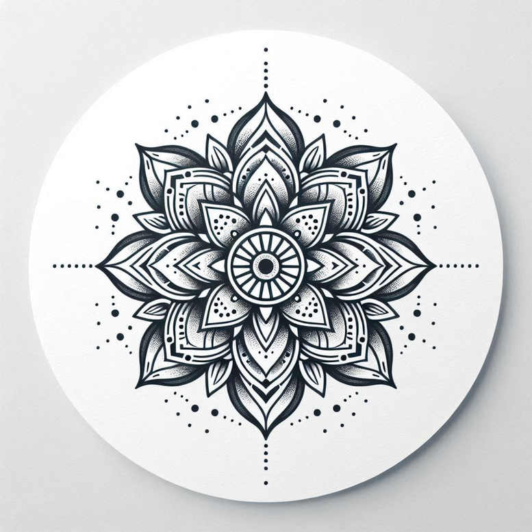 Black and grey mandala tattoo design on circular white background; intricate radial pattern with dotwork.
