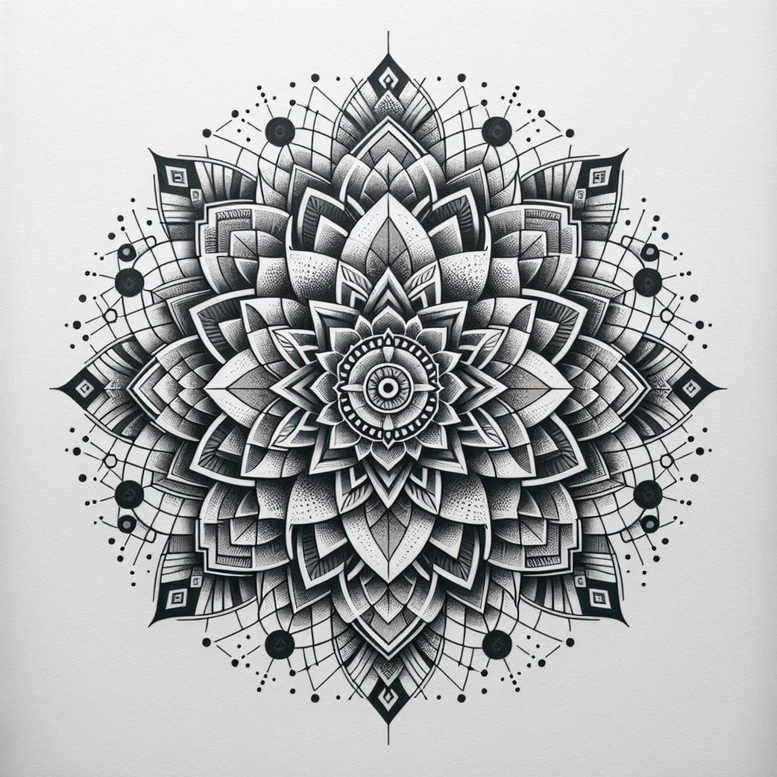 Mandala, petals, center, dots, circles in black and grey; tattoo design idea; suitable for a non-cover-up project.