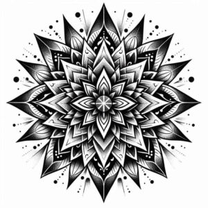 Mandala-style tattoo in black and grey with layered petals, central circle, and dot accents; a tattoo design project; suitable for a cover-up.
