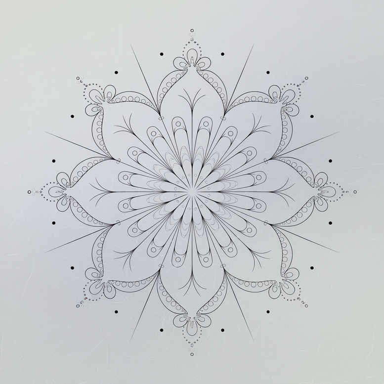 Intricate mandala tattoo design in black ink with layered petals, dots, and fine lines; a project idea for tattoo design.