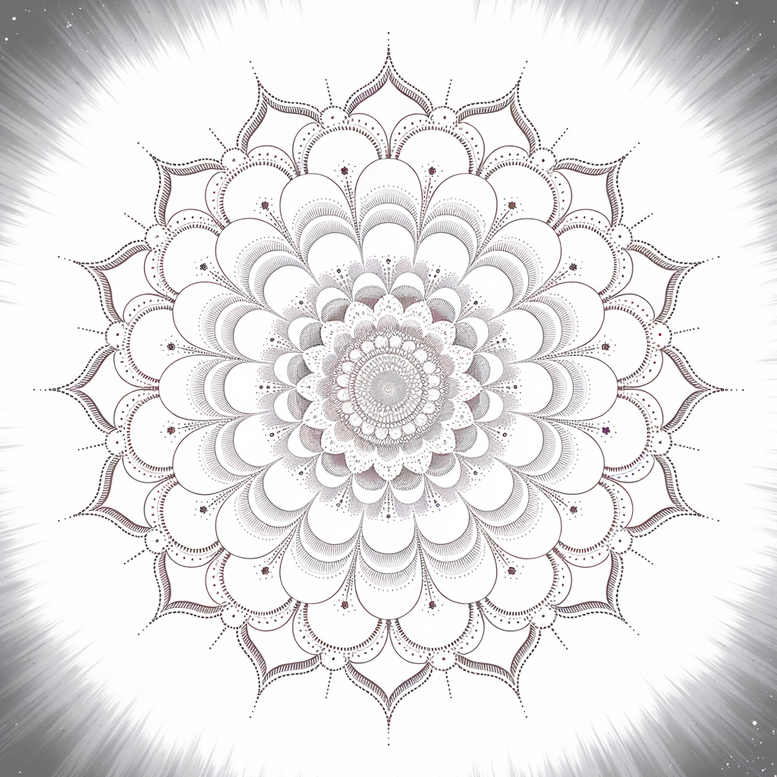 Mandala in black and grey ink with layered petals, dots, and lines; tattoo design idea, pattern-heavy, suitable for a cover-up.
