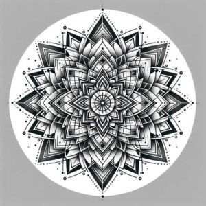 Mandala circle with layered petals and dot accents in black and grey; tattoo project idea; suitable for a cover-up.