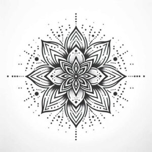 Mandala with layered petals and surrounding dots in black and grey; concept tattoo design, pattern-focused idea for a cover-up.