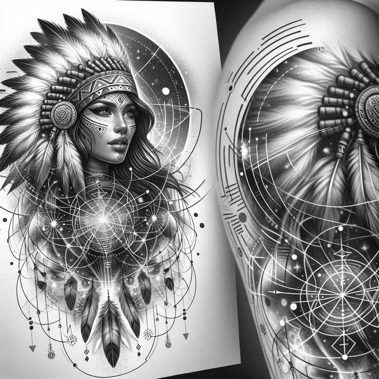 Woman's face in a feathered headpiece with geometric circles in black and grey; AI-generated tattoo project; suitable for cover-up.