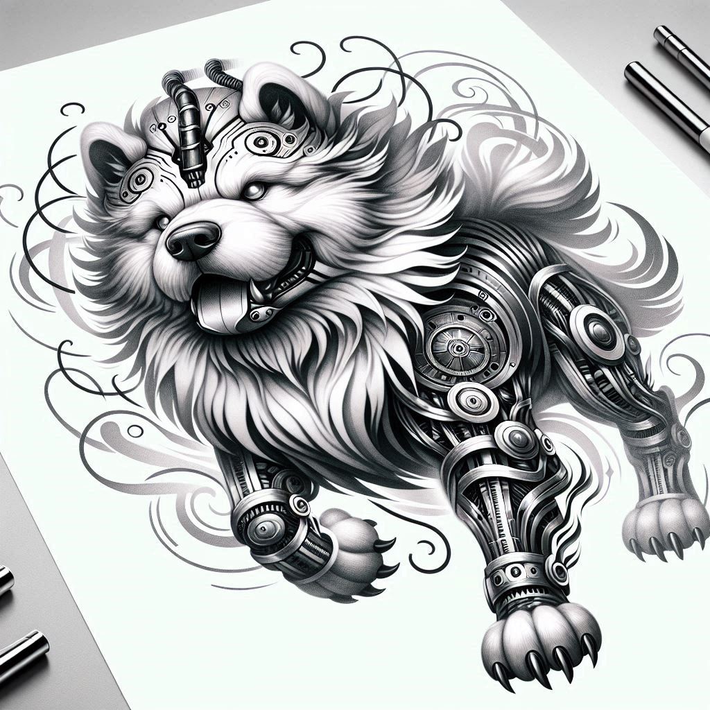 Dog, robot, gear, and armor plates in black and grey; pattern tattoo project idea; not ideal for cover-up.