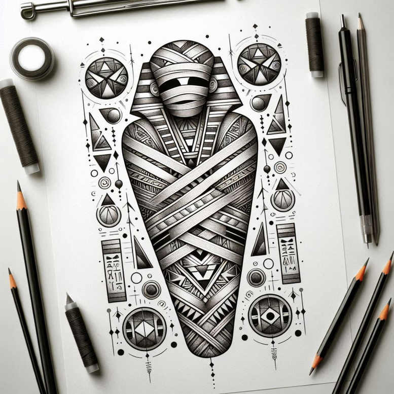 Figure wrapped in black and grey bands; circles, triangles, and lines surround the silhouette; tattoo design idea; cover-up-ready.