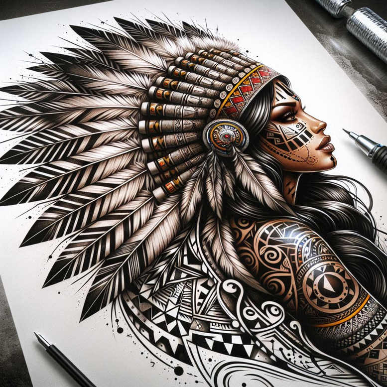 Black-and-grey profile of a woman wearing a detailed feather headdress with intricate tribal tattoos on face and arm; AI-generated tattoo project; suitable for cover-up.