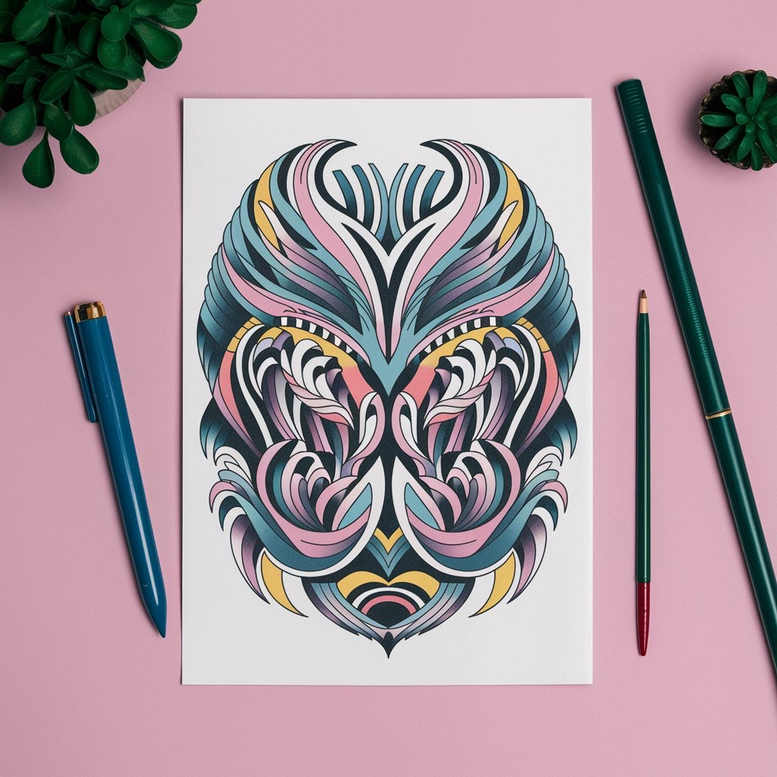 Paper with a symmetrical ornamental pattern in teal, pink, and yellow on white; bold black linework; blue pen, pencil, and plant nearby; project idea; not a cover-up.