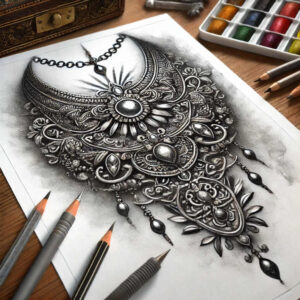 Pendant with chain and ornate floral filigree in black and grey pencil sketch; project idea for a tattoo design; not ideal for cover-up.