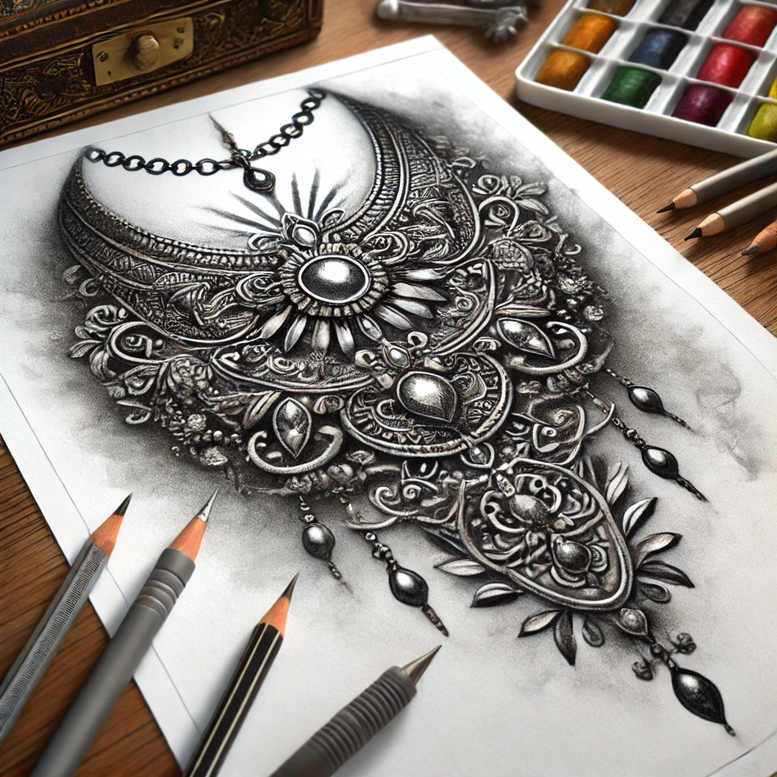 Pendant with chain and ornate floral filigree in black and grey pencil sketch; project idea for a tattoo design; not ideal for cover-up.