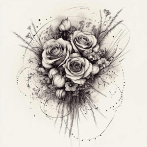 Black and grey bouquet of roses with buds, wildflowers, and grasses; tattoo design concept, a project idea.