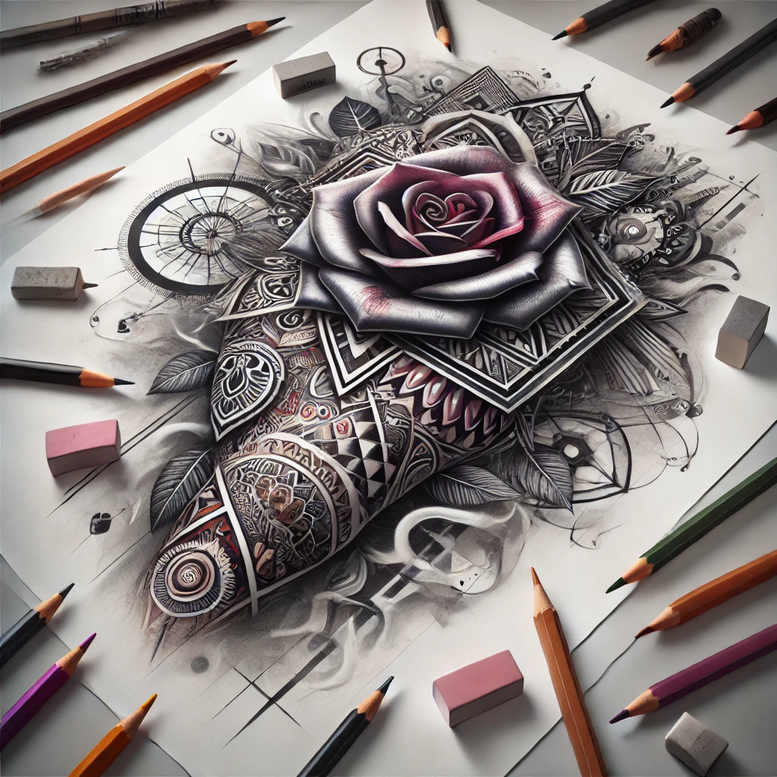 Rose in black and grey with geometric mandala layers on paper, surrounded by pencils and erasers; a tattoo design idea, AI-generated project, suitable for cover-up.