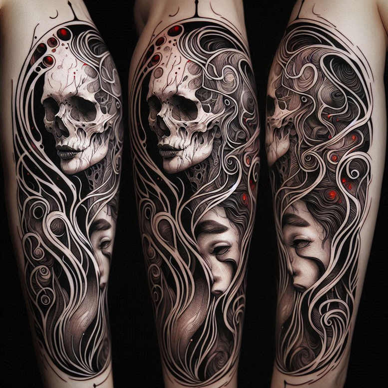 Skull, woman's face, and swirling patterns in black and grey sleeve tattoo; AI-generated project; cover-up ready.