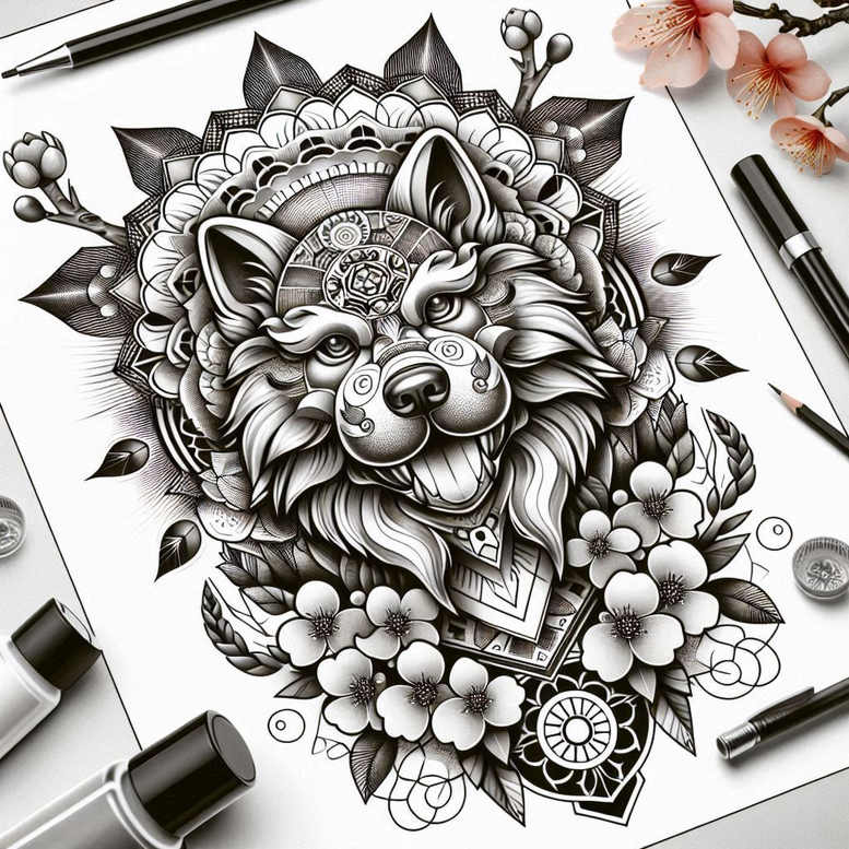 Black and grey wolf head with floral mandala, petals and leaves; tattoo project; not ideal for cover-up.