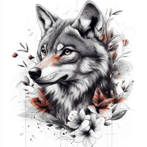 Wolf head in black and grey with orange highlights, surrounded by flowers and leaves; tattoo design idea; not specifically for a cover-up.