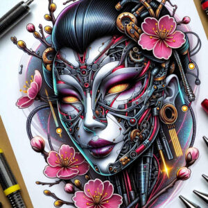 Mask portrait with metallic cybernetic circuitry, glowing amber eyes, pink blossoms, black hair, and tattoo tools around; color; AI-generated tattoo project; cover-up: no.