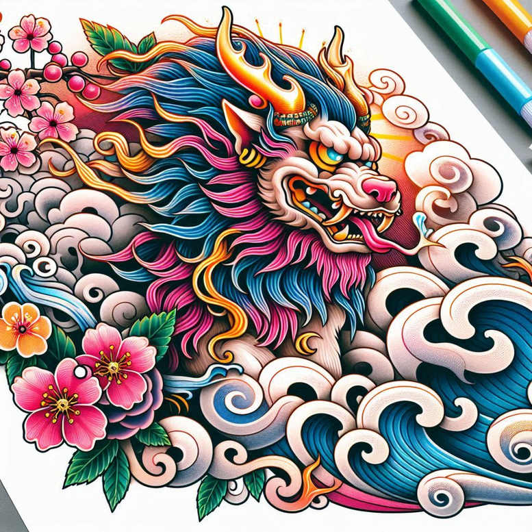 Dragon in color with clouds, waves, and pink flowers; color tattoo design idea, project, suitable for a cover-up.