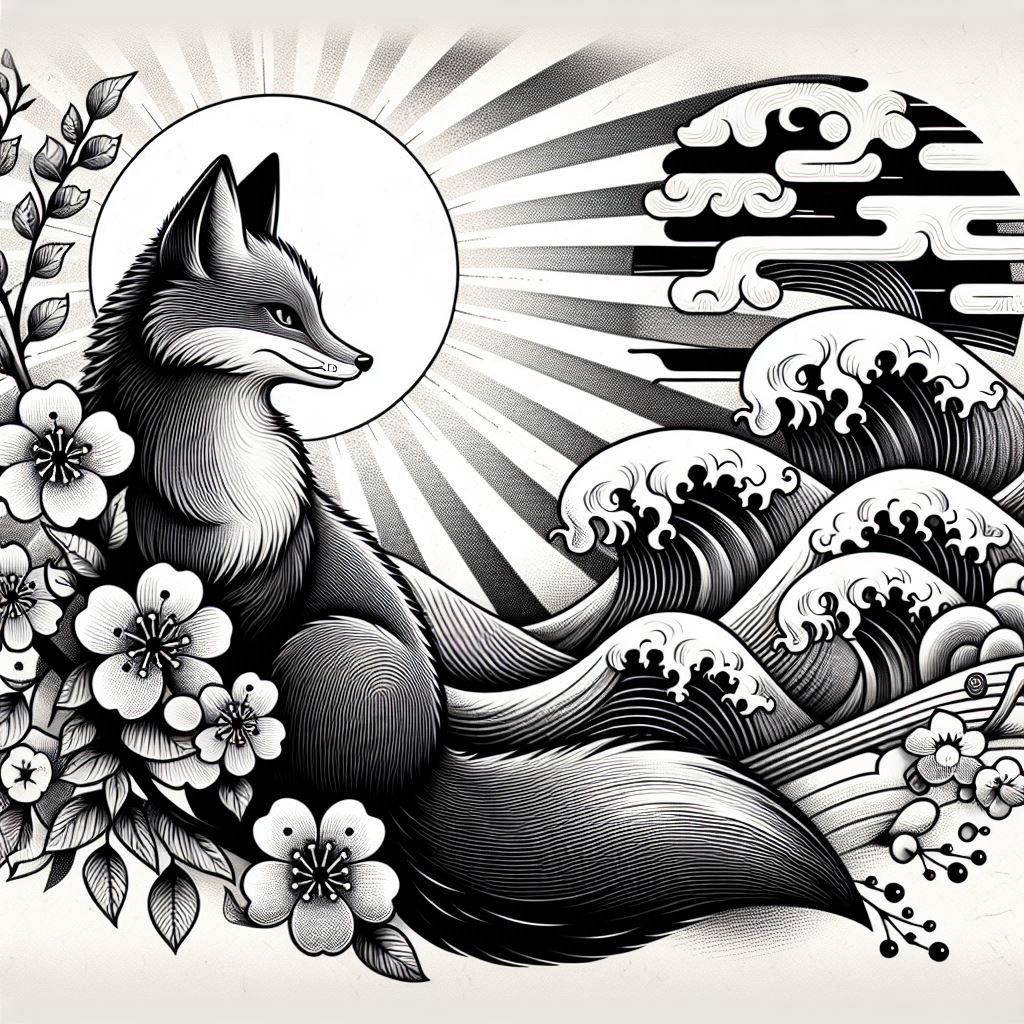 Fox, flower, branch with leaves, wave, sun, and cloud in black and grey; AI-generated tattoo project; ideal for cover-up.