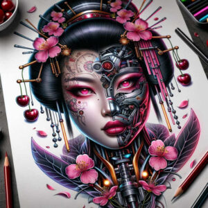 Face of geisha with half cybernetic mask, pink cherry blossoms, red cherries, black hair, and metallic gears; full color tattoo project; suitable for cover-up.
