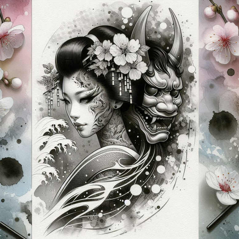 Geisha, mask, flower, hair, and wave motifs in black and grey; tattoo design idea suitable for a cover-up.